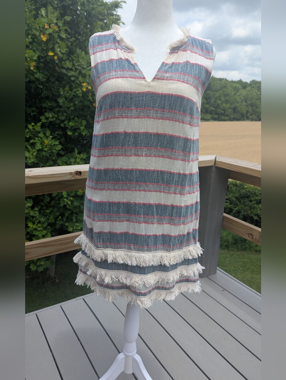 Anthropologie Holding Horses Shift Dress With Fringe Size 8 Ivory & Denim Blue